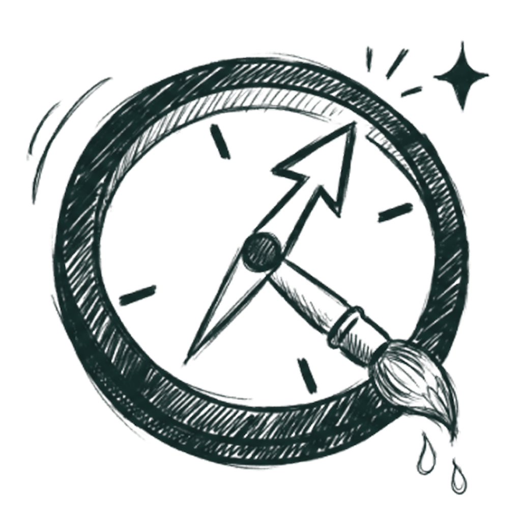 Hand-drawn compass icon with arrow and paintbrush stroke symbolizing rebranding strategy and creative direction