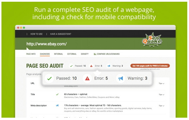 A screenshot of a seo audit of a website, including a check for mobile compatibility.