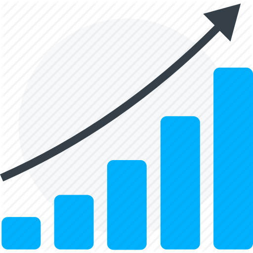 A blue bar graph with an arrow pointing upward.