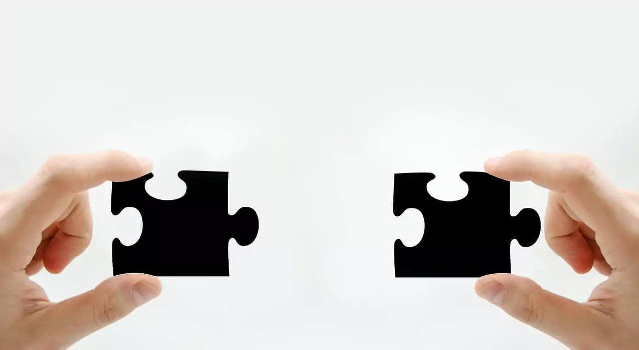 Two hands holding a black puzzle piece.