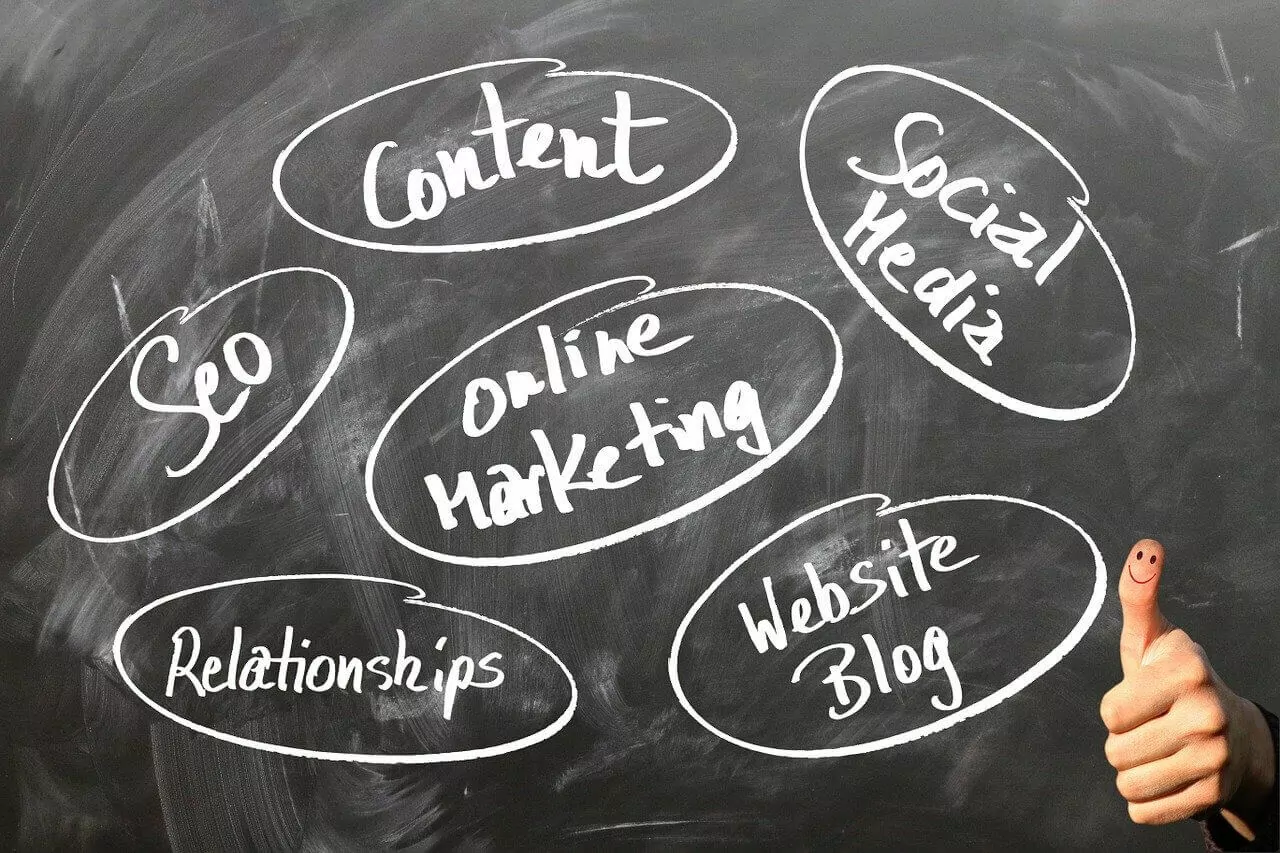 A hand is holding up a chalkboard with the words seo, marketing, and social media.