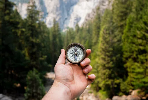 A man holding a compass in front of a forest.