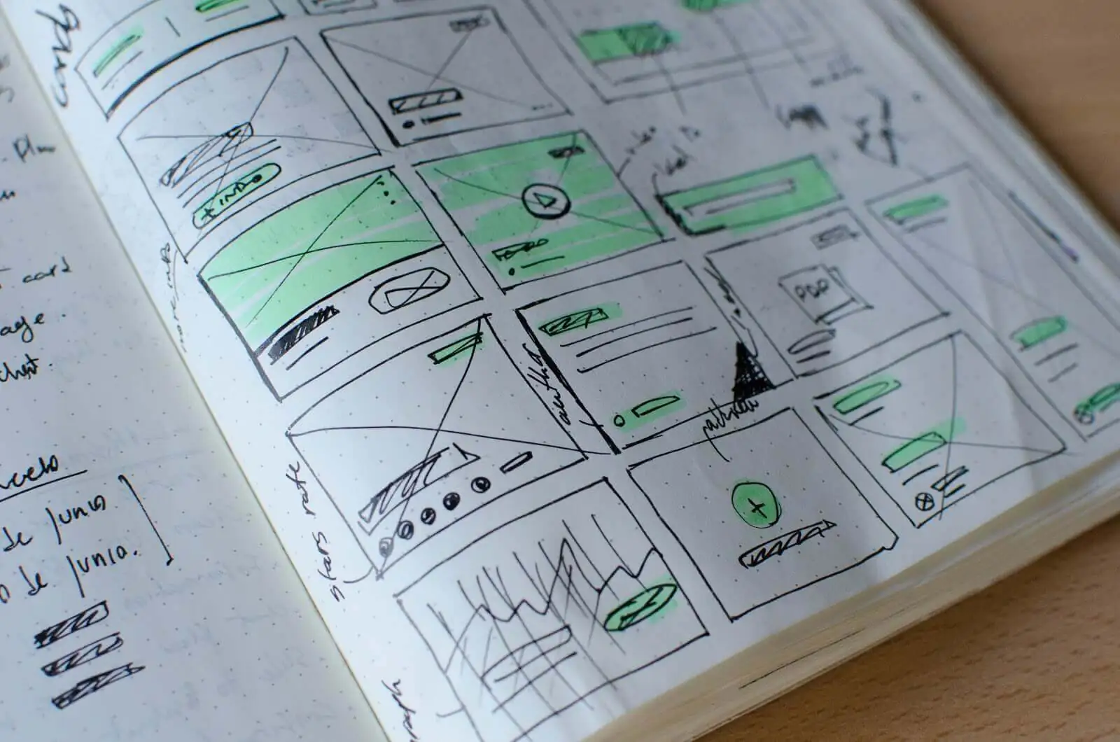 A notebook with a green sketch on it.
