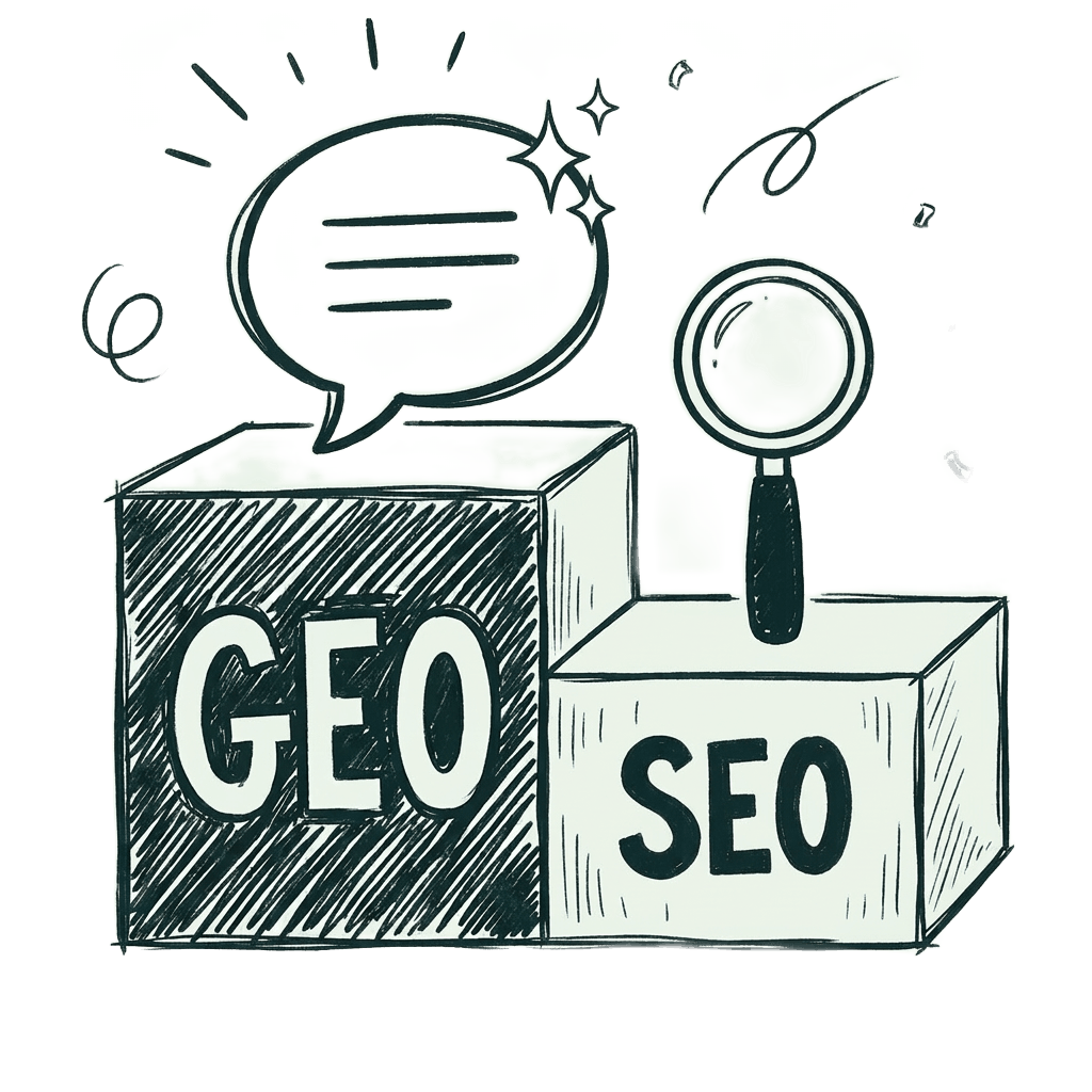 Illustration showing two blocks labeled GEO and SEO with a magnifying glass and speech bubble about GEO replacing SEO